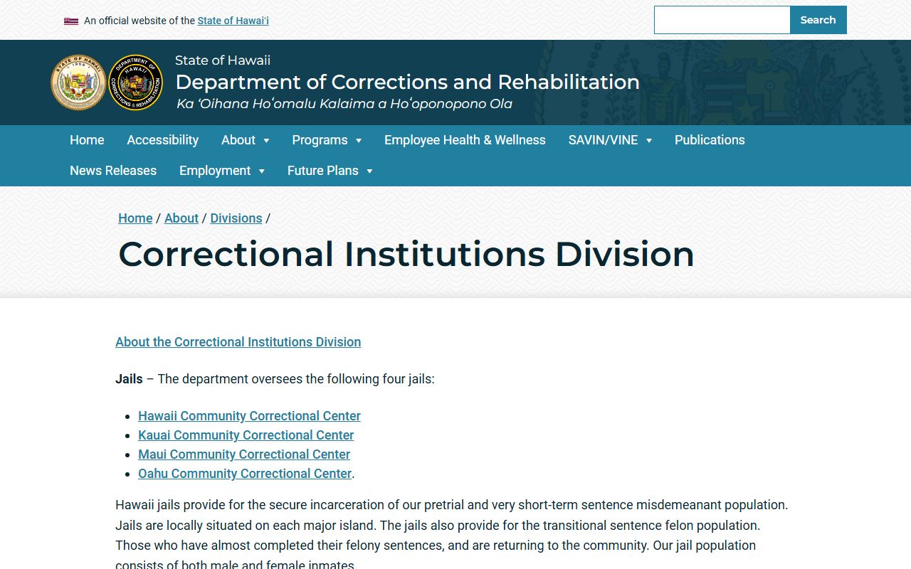 Kauai County inmate population DCR corrections population reports page