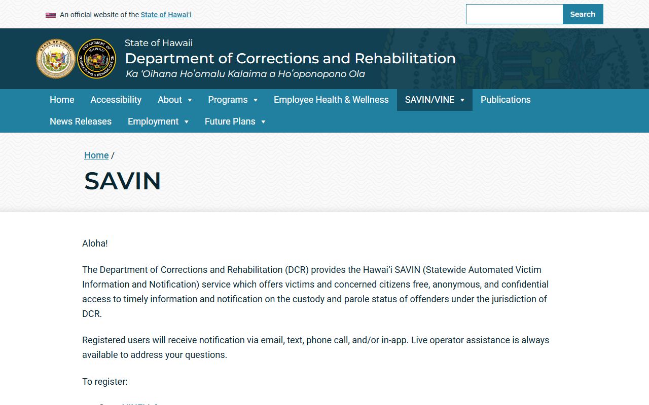 Kauai County inmate records Hawaii SAVIN custody notification page