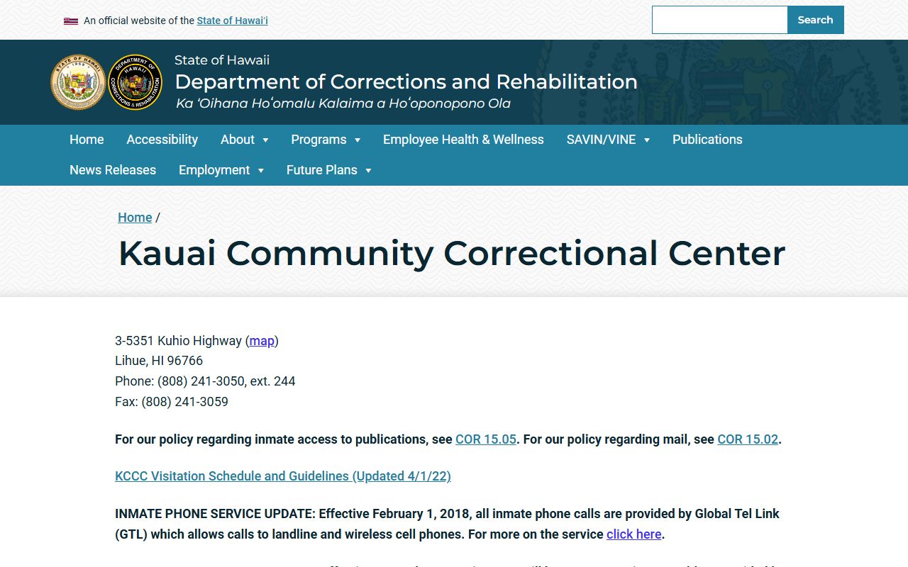 Kauai Community Correctional Center inmate lookup DCR facility page