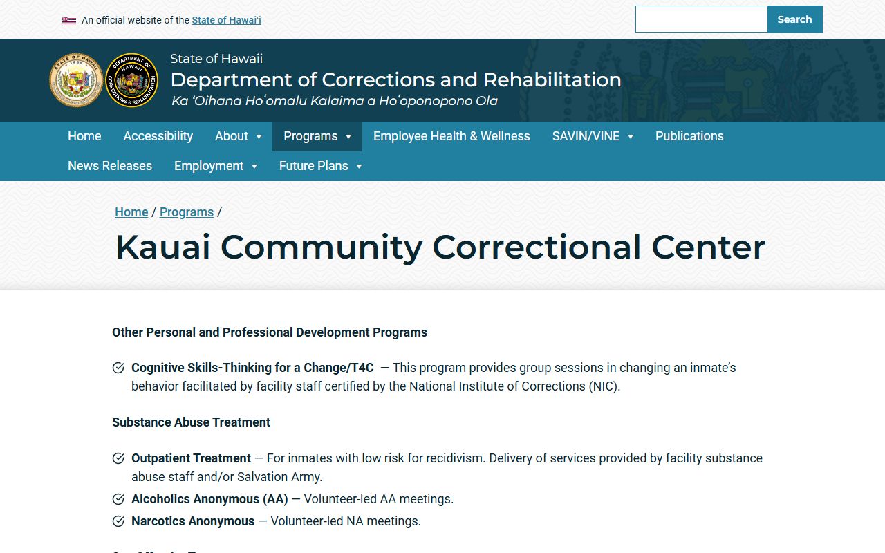 Kauai Community Correctional Center inmate programs and reentry page