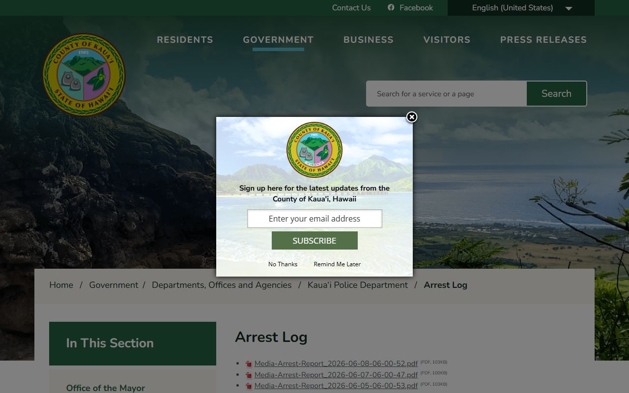 Kauai Police Department arrest log for cell block recent arrest records
