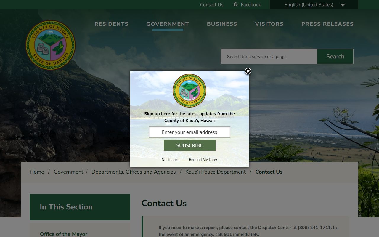 Kauai Police Department Cell Block contact page for recent arrest custody search